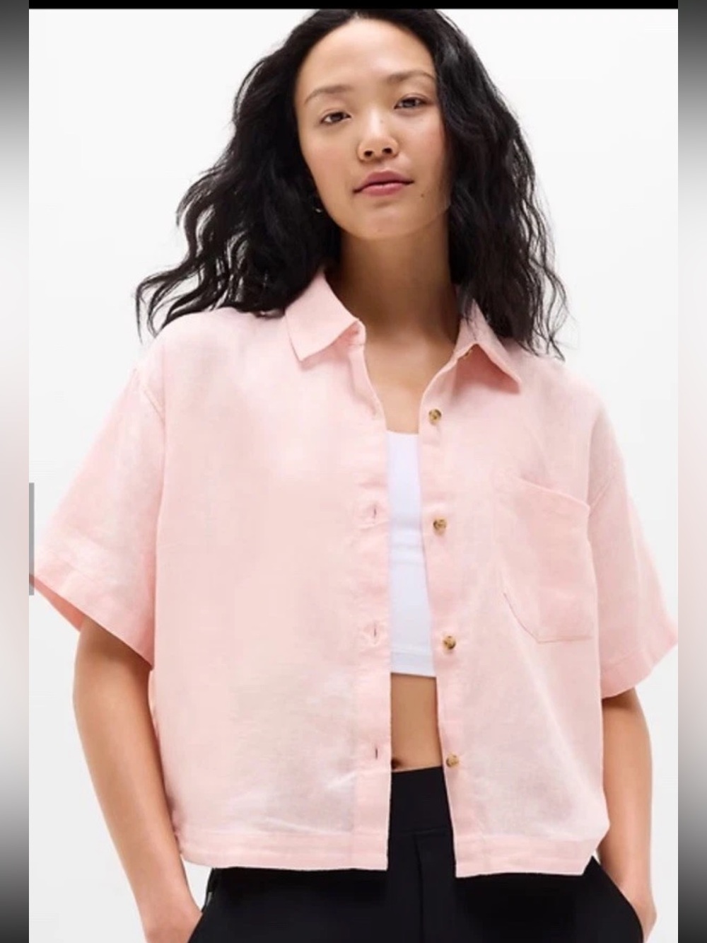 Athleta Pale Pink Linen Button Up Short Sleeve Retreat Shirt Front Pocket M EUC